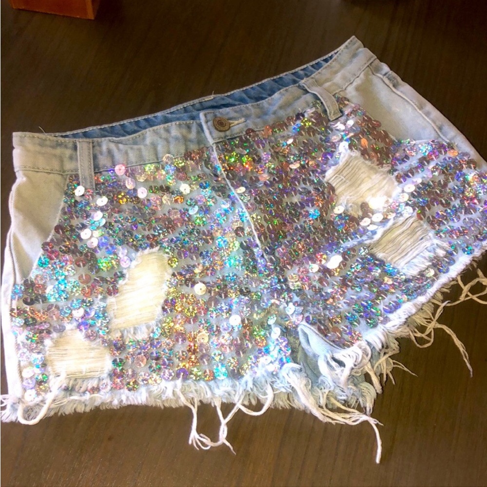 Litz 💜 Sequin Denim Women Shorts Sz 26 small